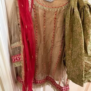 Maria B Elegant Kids Formal Dress in Gold and Red . Size 8/10 with ghagra pants.